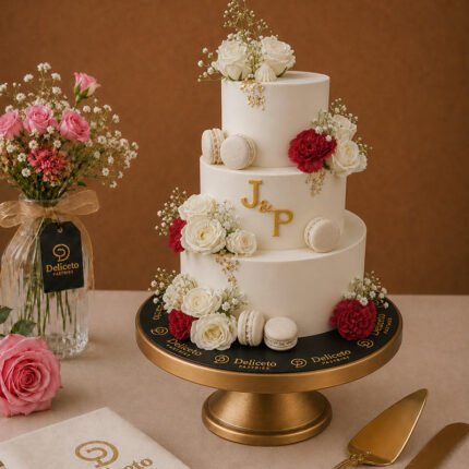 Floral and Macarons Wedding Cake