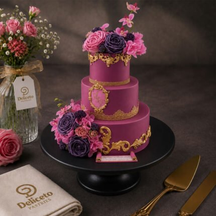 Pink And Gold Themed Wedding Cake